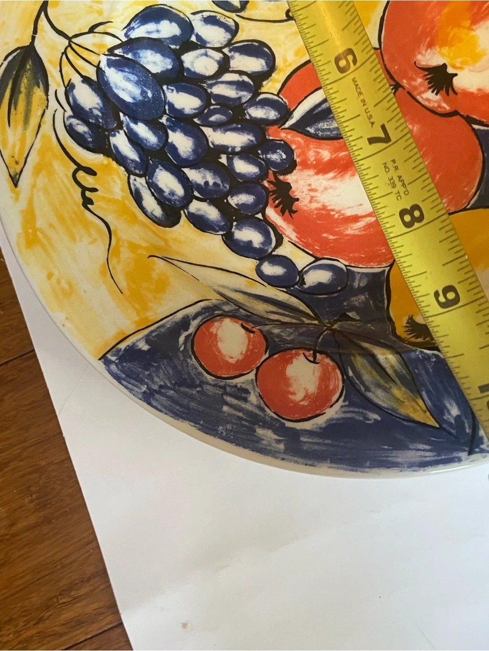 Pier 1 Hand-Painted Fruit Ceramic Plate in Yellow, Blue, Red. Made in Italy.